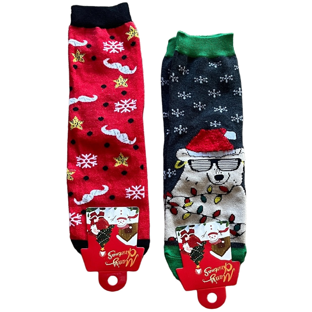 ๐บ๐ธ2 pr Festive Christmas Socks Set - Bear in Sunglasses, Mustaches Red and Green